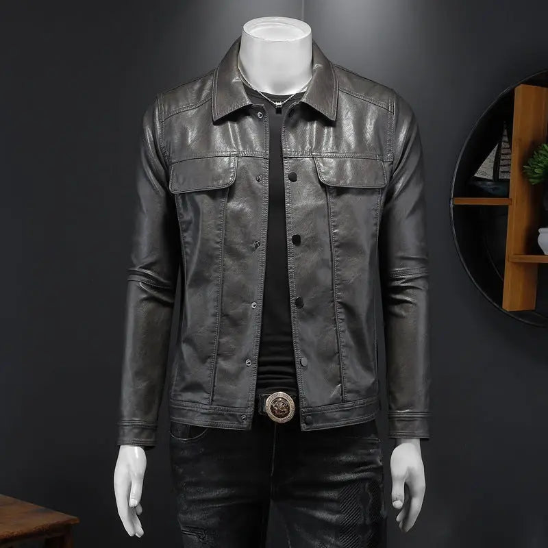 Men's Long-sleeved Lapel Motorcycle Pu Handsome Leather Coat Cjdropshipping