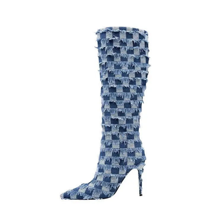 Chessboard Plaid Denim Blue Cloth Women's Boots Dropshipman