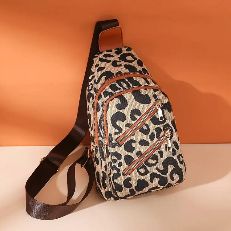 Leopard Print Sling Chest Bag With Headphone Jack Crossbody Backpack Shoulder Bag Women JNi3 shop