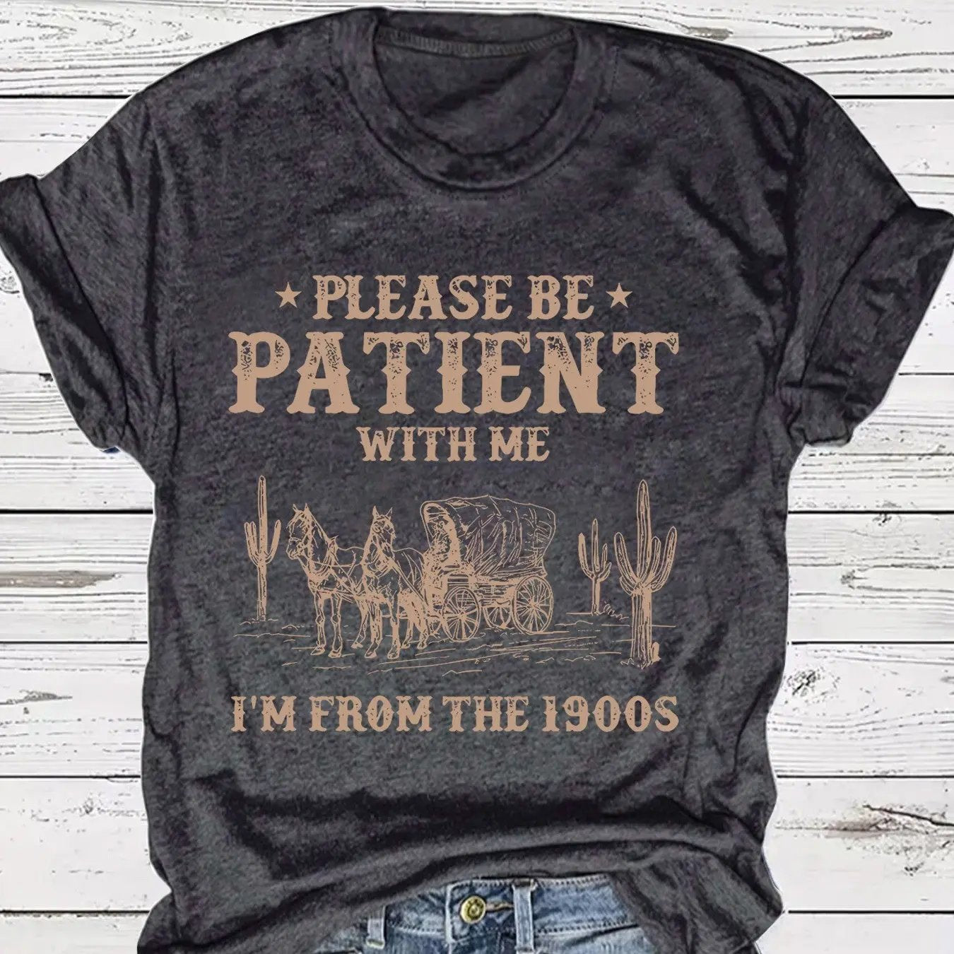 Western Denim Retro Pattern Round Neck Short Sleeve JNi3 shop