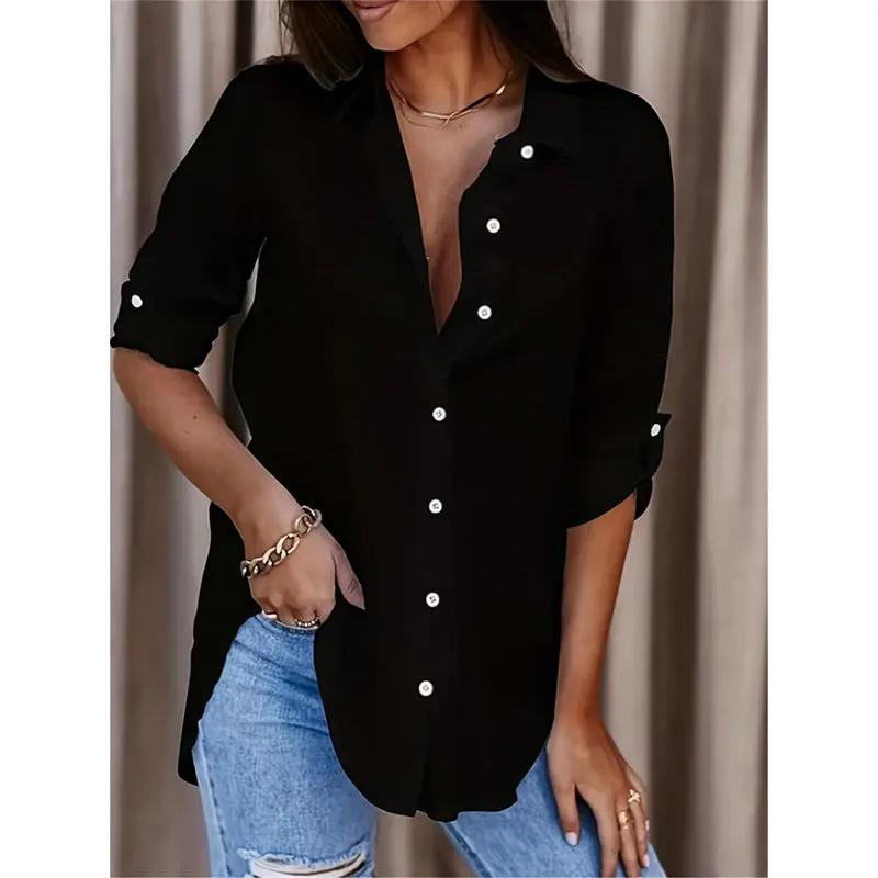 Women's Casual Long Sleeve Button-Down Shirt With Roll-Up Sleeves, Stylish Mid-Length Blouse For Everyday Wear JNi3 shop