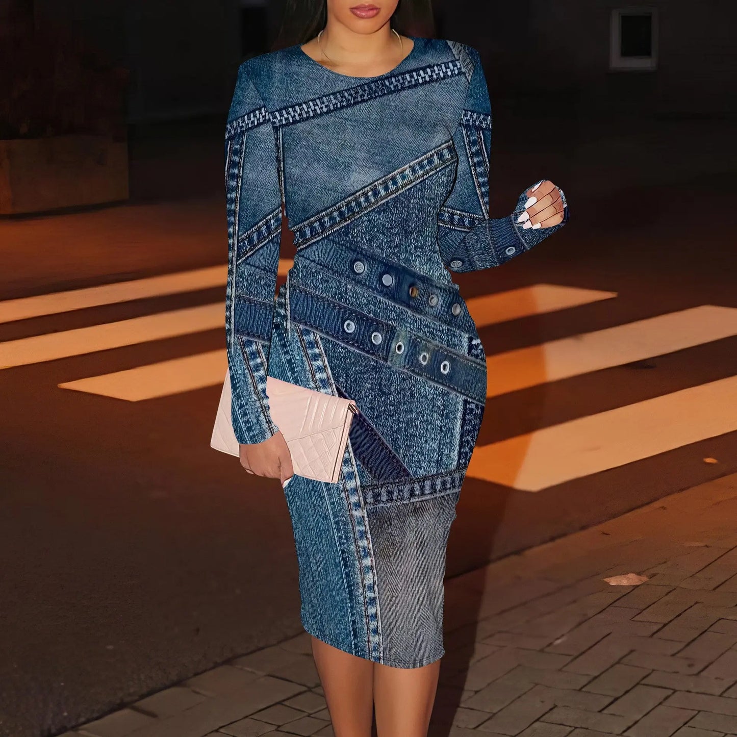 Women's Casual Printed Long-sleeve Round-collar Dress JNi3 shop