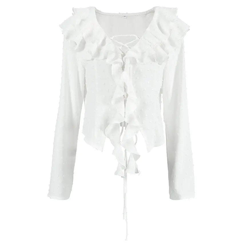 White Crepe Casual Ruffled Sexy Elegant Lace-up Long Sleeve Shirt JNi3 shop