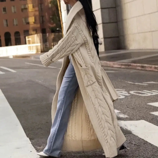 Women's Solid Color Thick Hemp Flowers Large Lapel Long Cardigan Sweater Coat Cjdropshipping