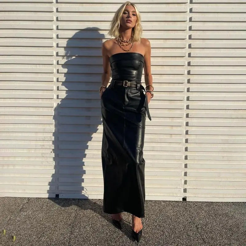 Strapless Top Half Long Skirt Belt PU Two-piece Set Cjdropshipping