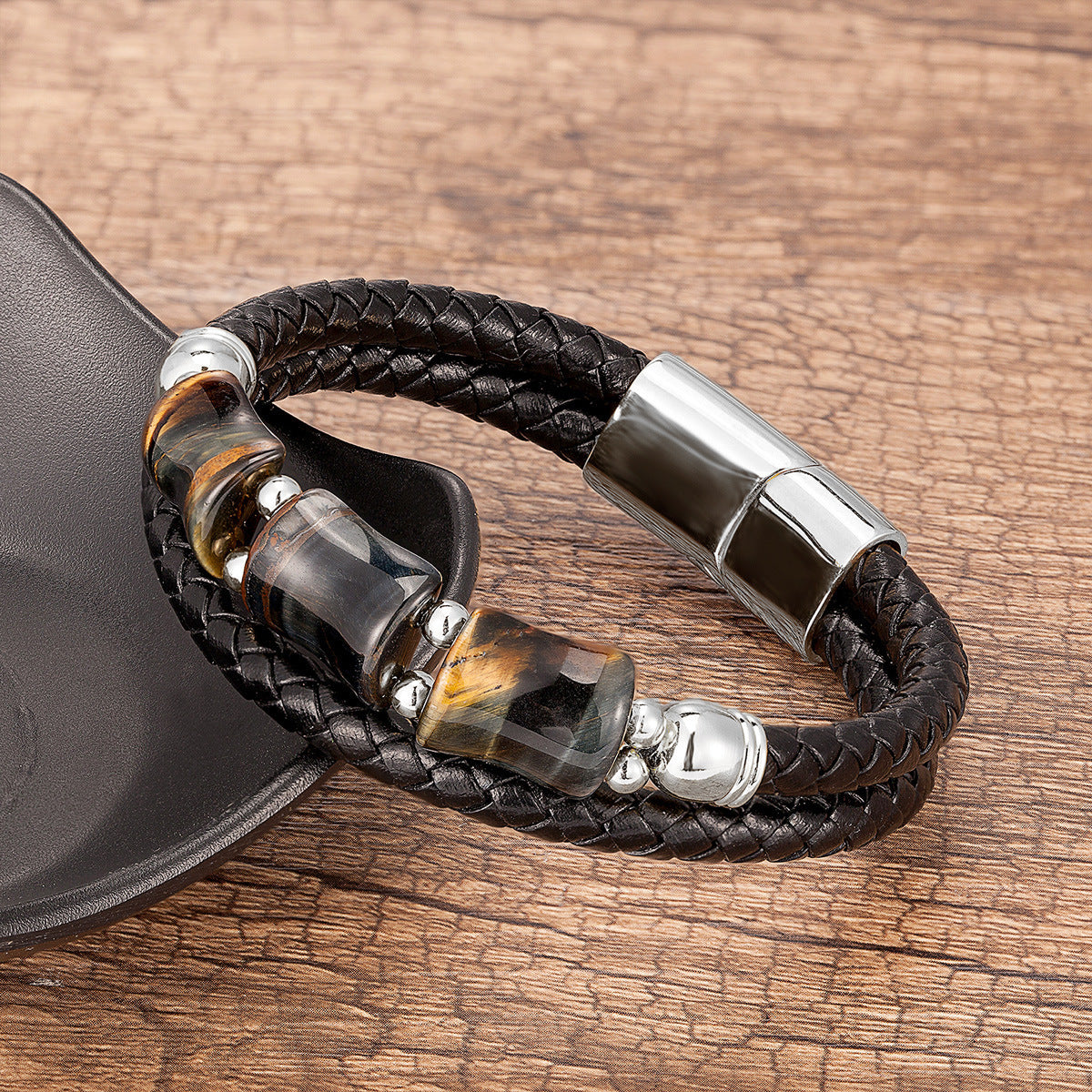 New Bamboo Tiger Eye Stone Handmade Leather Braided Bracelet
