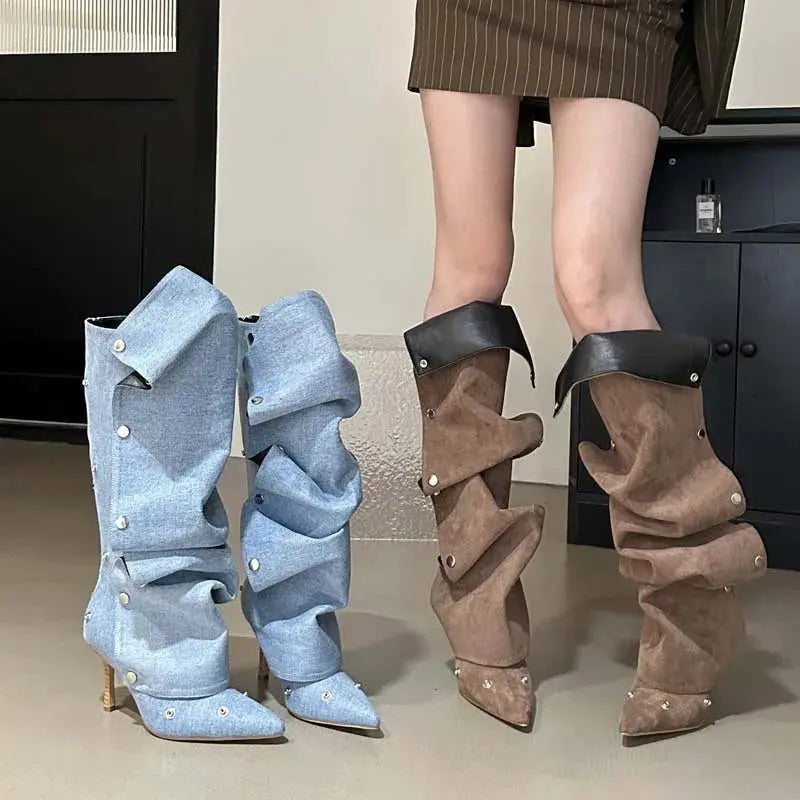 Women's Fashion Buckle Stitching Stiletto Heel Denim Pleated Pile Style Boots Dropshipman