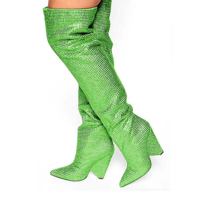 Pointed Tapered Heel Wedge Starry Rhinestone Plus Size Below The Knee Boots Cjdropshipping
