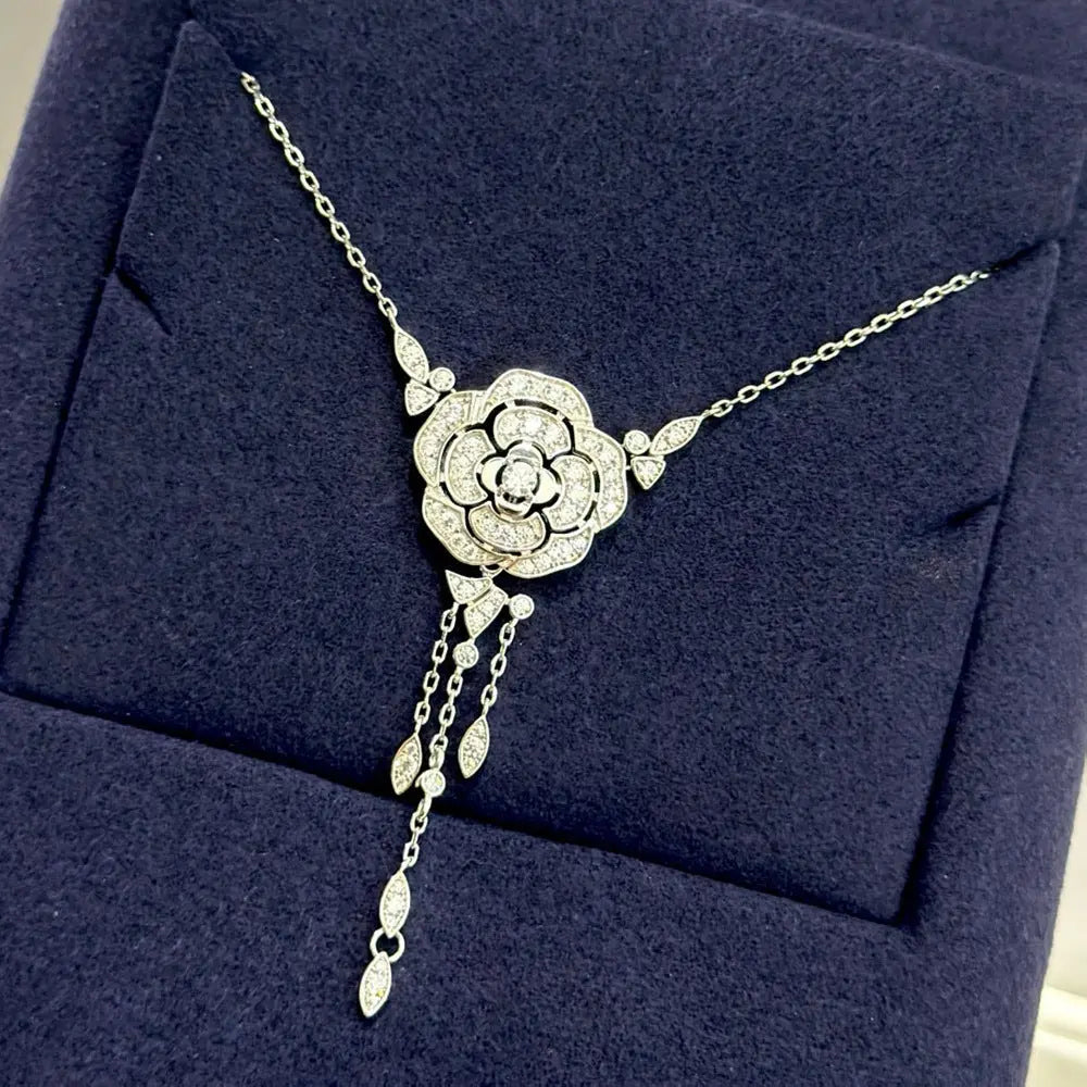 Female 925 Silver Inlaid Zirconia Diamond Camellia Tassel Necklace Cjdropshipping