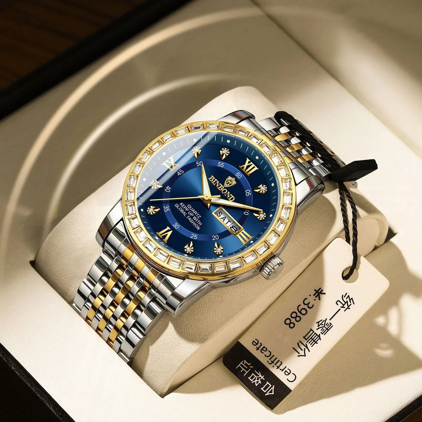 Business Diamond-embedded Mechanical Watch Double Calendar Waterproof Luminous Cjdropshipping