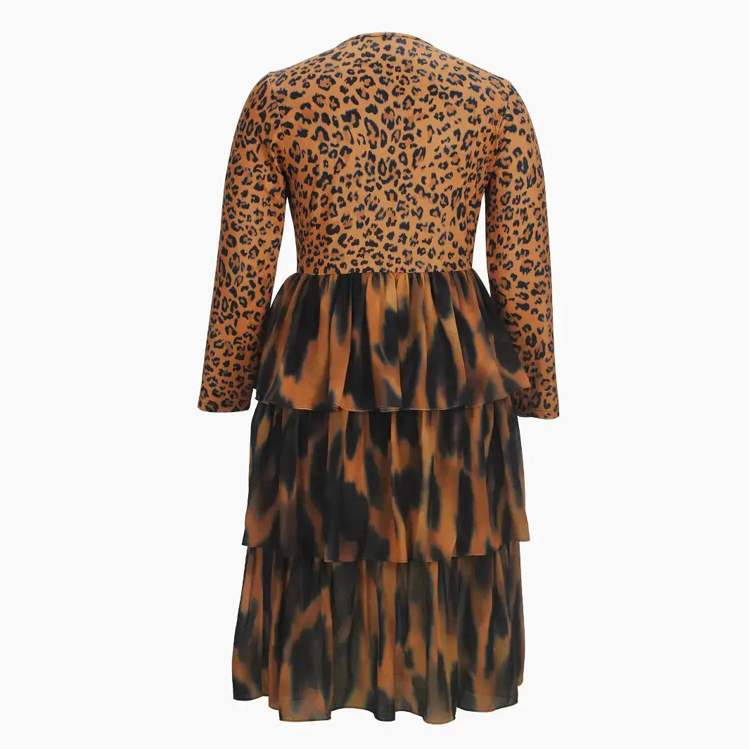 Elegant Leopard Print Cake Dress Plus Size Long Sleeve JNi3 shop