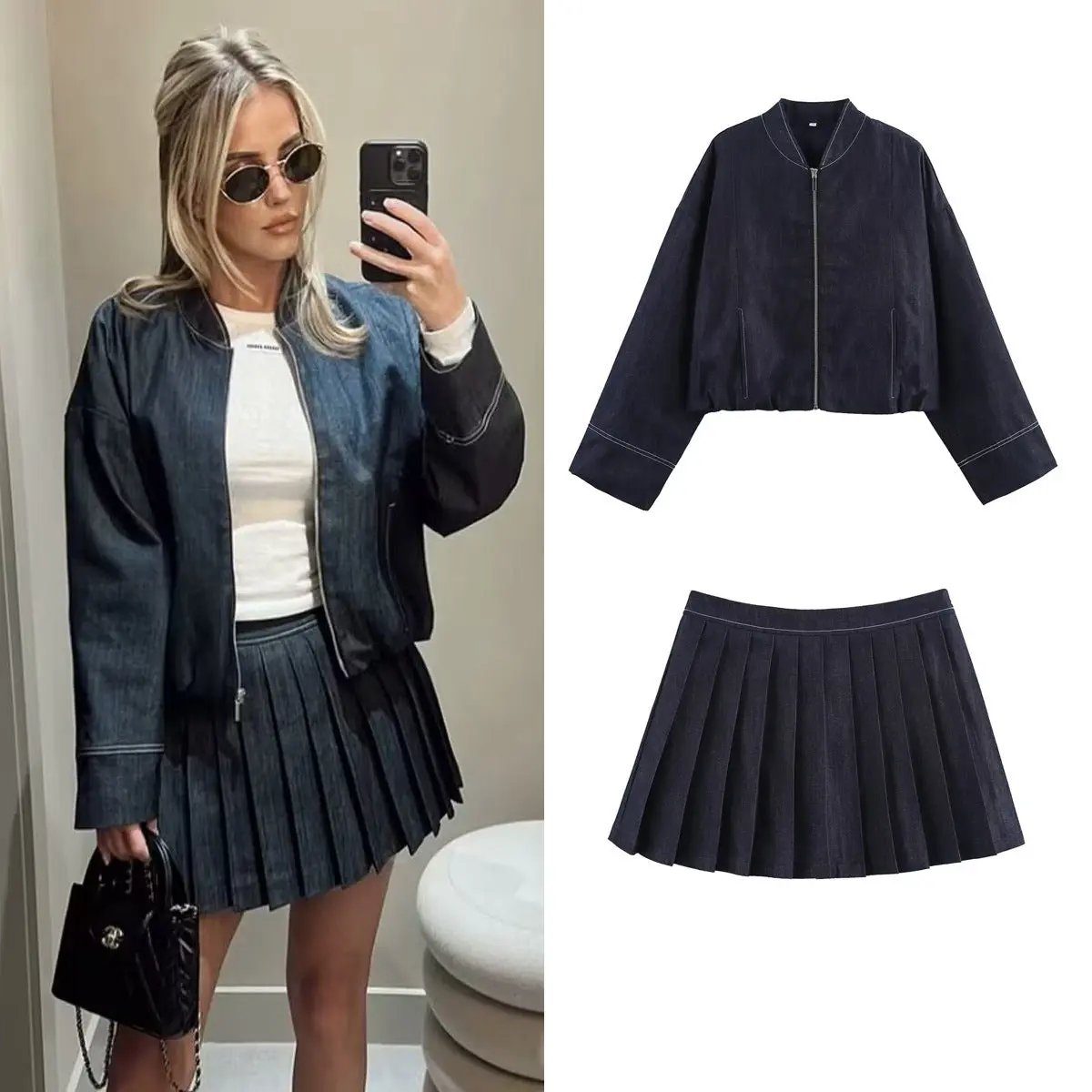 Denim Pilot Jacket Wide Pleated Denim Skirted Leggings Cjdropshipping