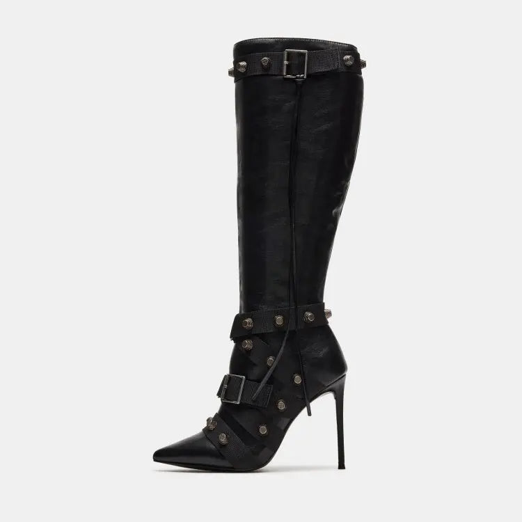 Metal Leathern Pointed Stiletto Heel High Leg Boot Rivet JNi3 shop