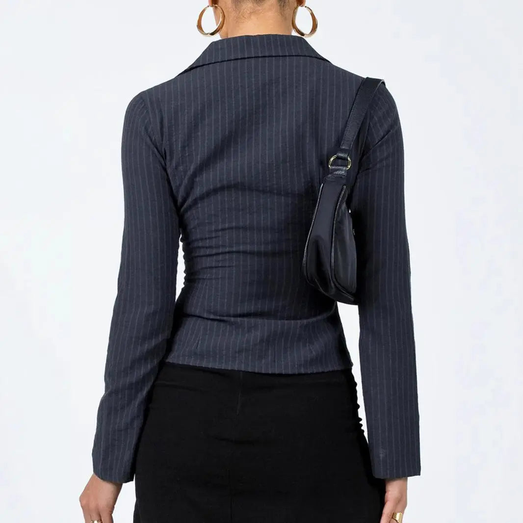 Lapel Breasted Cardigan Long Sleeve Shirt Slim Striped Top JNi3 shop