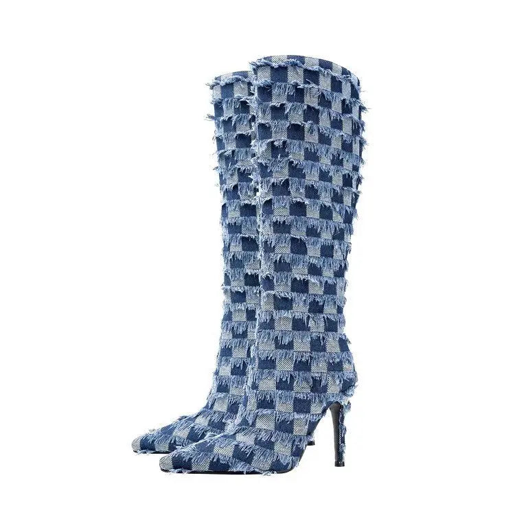Chessboard Plaid Denim Blue Cloth Women's Boots Dropshipman