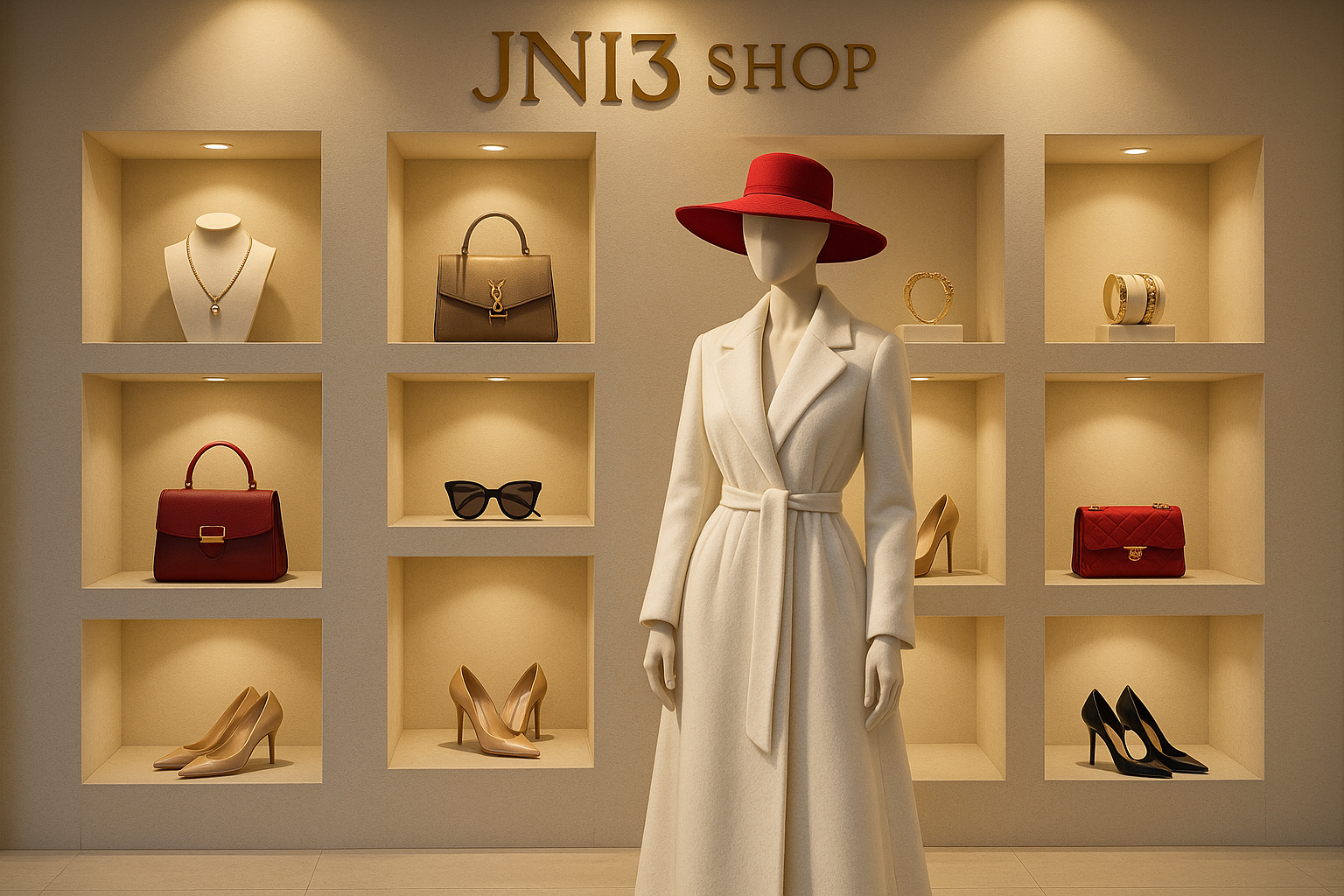 Create a luxurious store front image a large wall with many cubics displaying luxurious jewelry,purses,shoes,sun glasses and in the center place a mannequin with a long luxurious white coat with red hat the back ground of the wall is light beige with warm lighting on the top of the wall put a sign that says JNi3 Shop