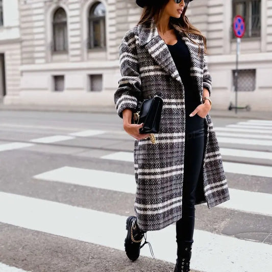 Checked Mid-length Coat Lapel Tie Woolen Coat - JNi3 shop