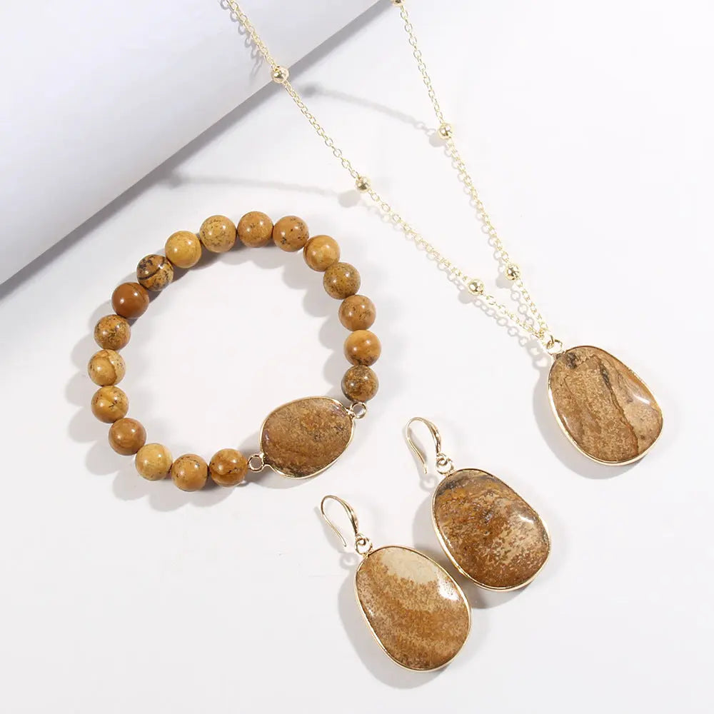 Gold Chain Necklace Natural Stone Bracelet Earrings Women's Jewelry Set Cjdropshipping