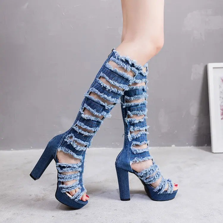 Women's Sandals Mid-calf High Heel Fish Mouth Hollow-out Sandal Boots Cjdropshipping