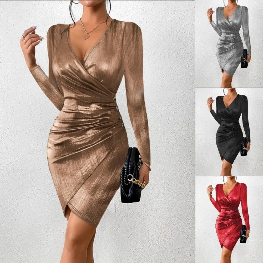 Hip-wrapped Fashion V-neck Slit Solid Color Dress Women Cjdropshipping