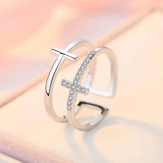 Double Cross Miniature Copper Inlaid Zircon Ring Cjdropshipping