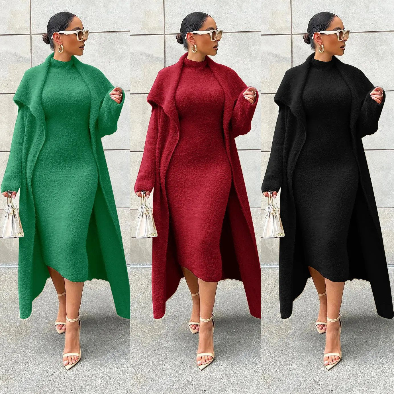 Autumn And Winter Elegant Dress Long Cardigan Velvet Two-piece Suit Cjdropshipping