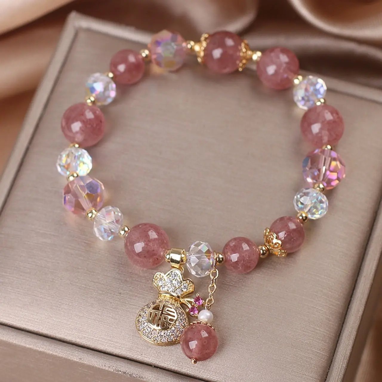 Women's Diamond Purse Natural Strawberry Quartz Bracelet Cjdropshipping