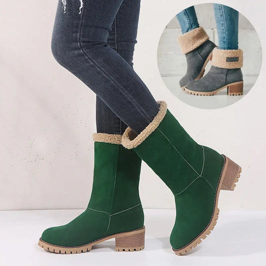 Suede Ankle Boots Adjustable Foldable Mid-Calf Boot Winter Flock Square Heels Shoes Fashion Plush Warm Platform Non-Slip Shoes Dropshipman