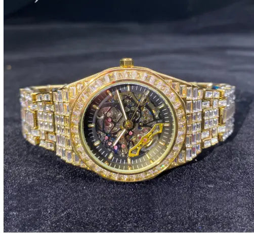 Hip Hop Full Square Diamond Luminous Hollow Mechanical Watch - JNi3 shop