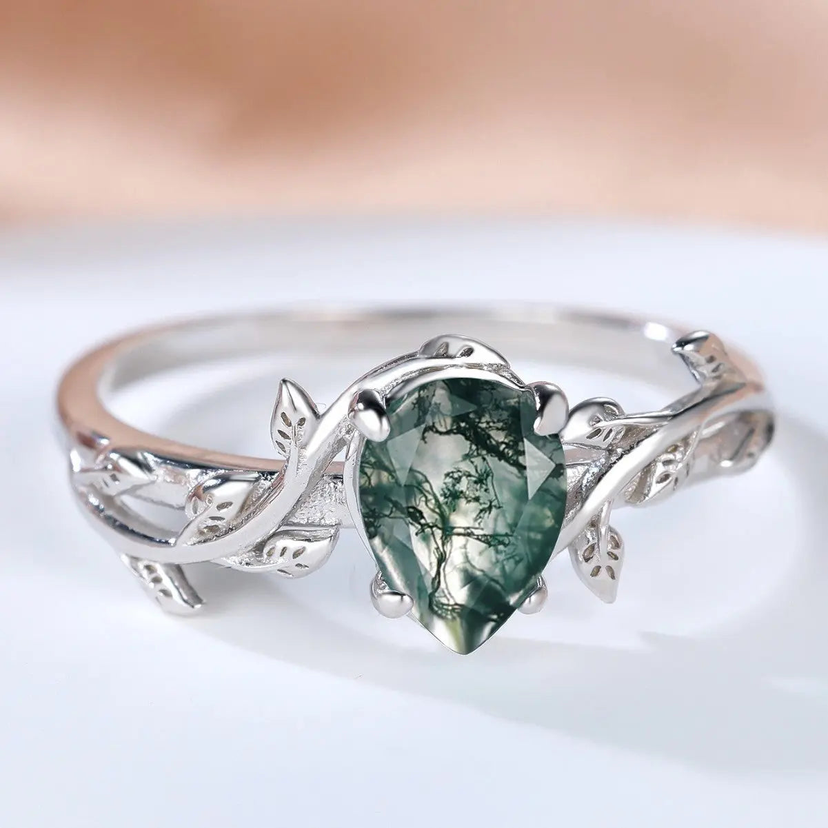 S925 Silver Drop-shaped Agate Edge Branch Leaf Ring - JNi3 shop