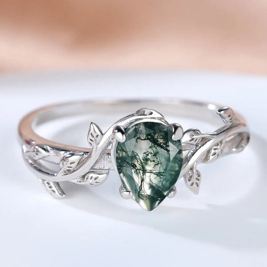 S925 Silver Drop-shaped Agate Edge Branch Leaf Ring - JNi3 shop