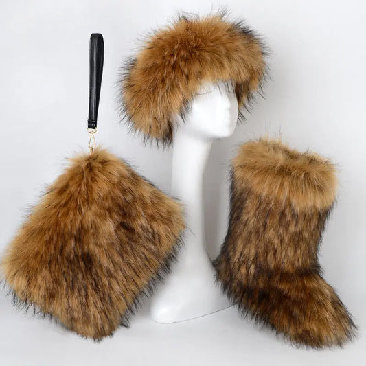 Velvet Padded Plus Size Imitation Fox Fur Fur Women's Snow Boots Three-piece Set Dropshipman