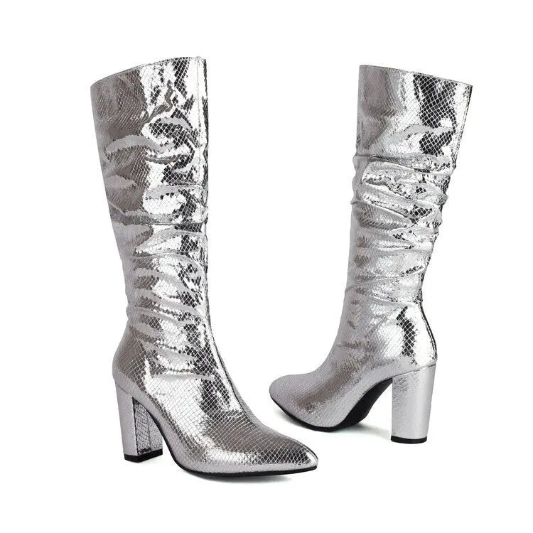 European And American Style Patent Leather Plaid Boots Pointed Toe Chunky Heel Women Dropshipman