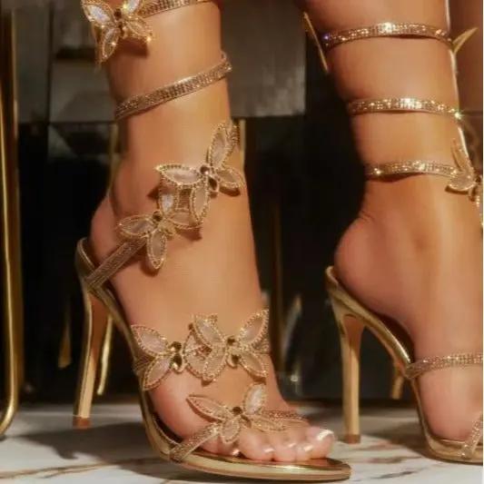 Sexy Fashion Rhinestone Shiny Butterfly Stiletto Heel Stiletto Strap Winding Sandals Cjdropshipping