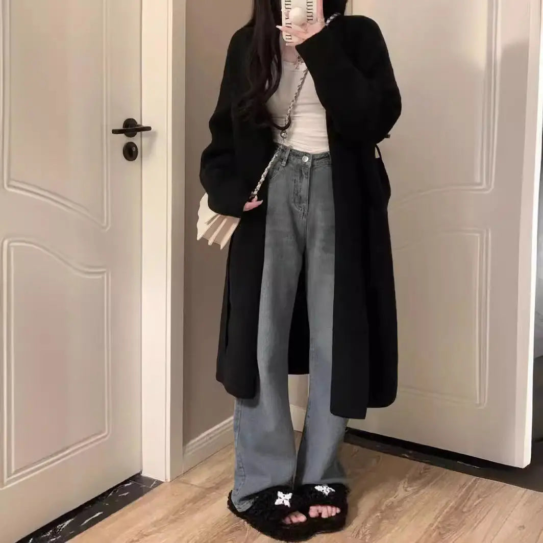 Women's Mid-length Knitted Cardigan V-neck Thickened Sweater Coat Dropshipman
