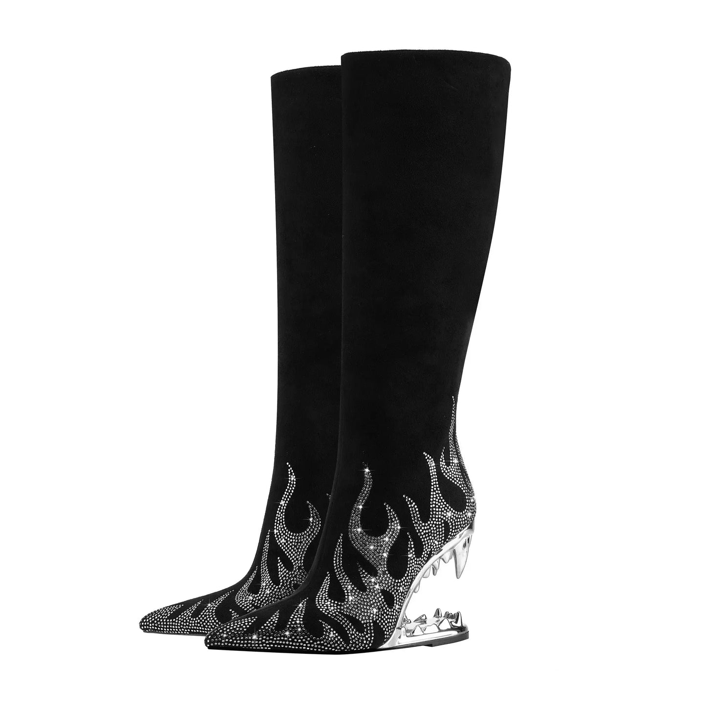 European And American Style Tiger Tooth Profiled Heel Skinny Stretch Boots Rhinestone Flame Dropshipman