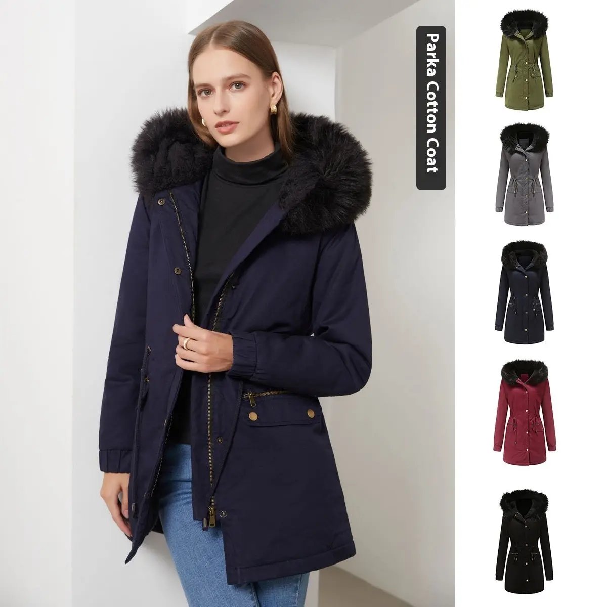 Women's Mid-length Fur Collar Coat Parker Cotton-padded Coat null