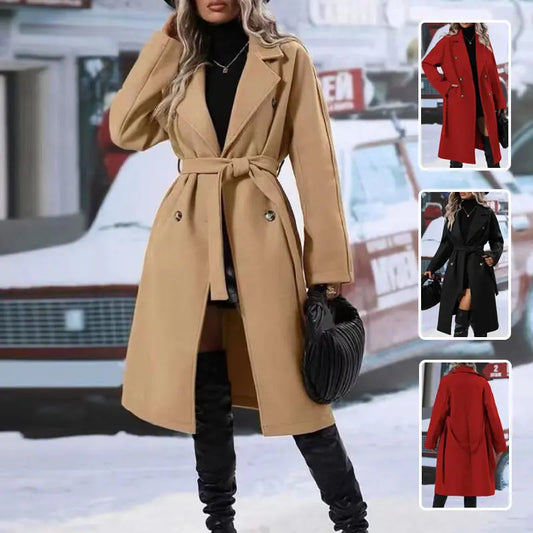 Lapel Double-breasted Trench Coat With Belt Winter Fashion Solid Color Long Jacket Outwear Women Clothing - JNi3 shop