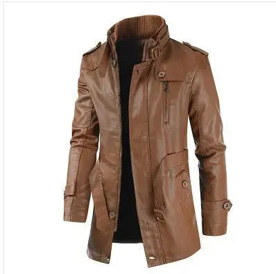 Men's Mid-length Leather Coat Stand Collar Fleece-lined Thickened Cjdropshipping