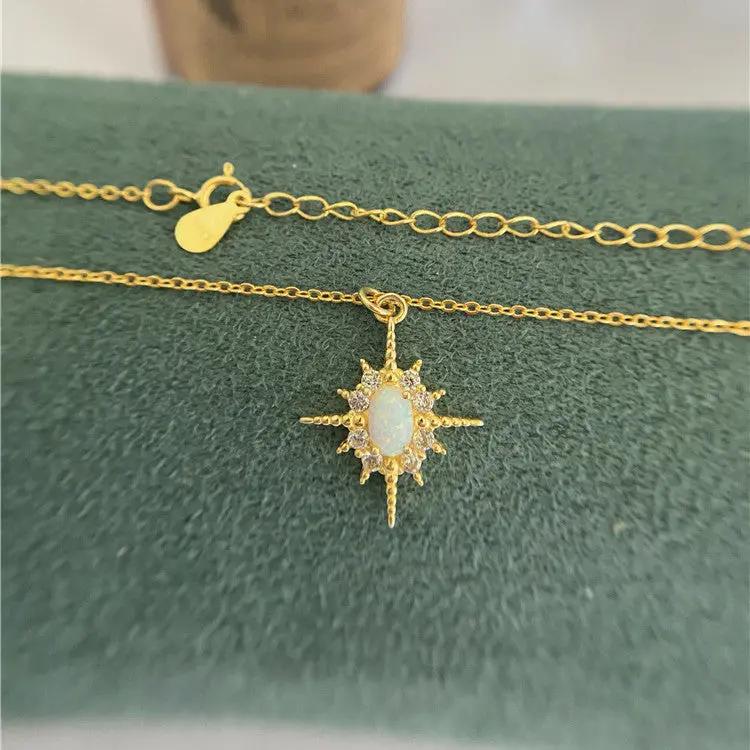 S925 Sterling Silver Plated 14k Gold Inlaid Opal Sun Necklace Women JNi3 shop