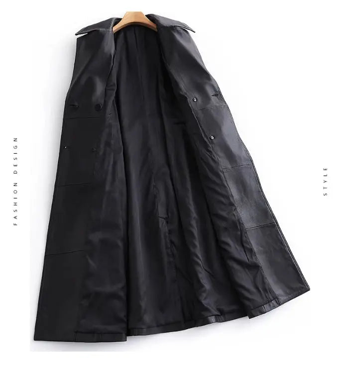 Black Long Tie Double Breasted Leather Wind Coat - JNi3 shop