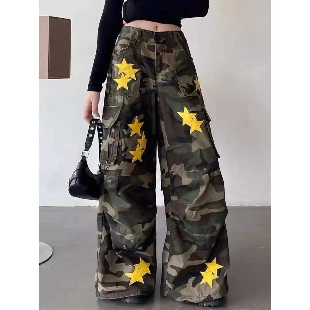 American Retro Workwear Women's Loose Straight Wide Leg XINGX Camouflage Jeans Cjdropshipping
