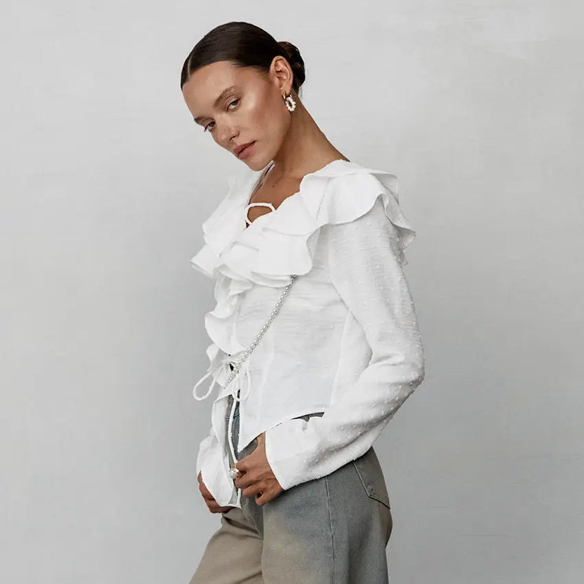 White Crepe Casual Ruffled Sexy Elegant Lace-up Long Sleeve Shirt JNi3 shop