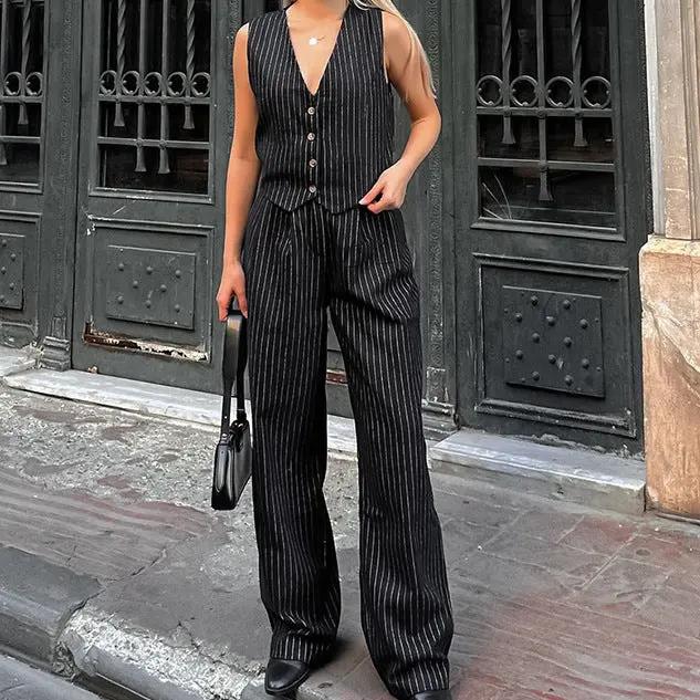 Striped Sleeveless Waistcoat Vest Trousers Suit Women Cjdropshipping