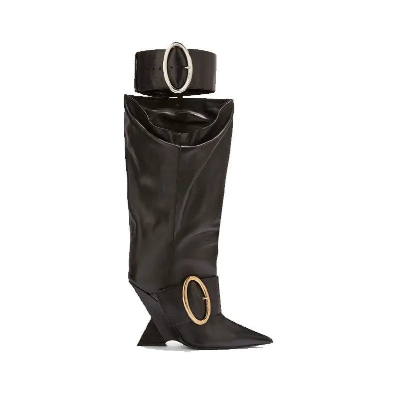 High-profile Wedge Sleeve Pointed Slip-on Strap Large Fastener Boots Dropshipman
