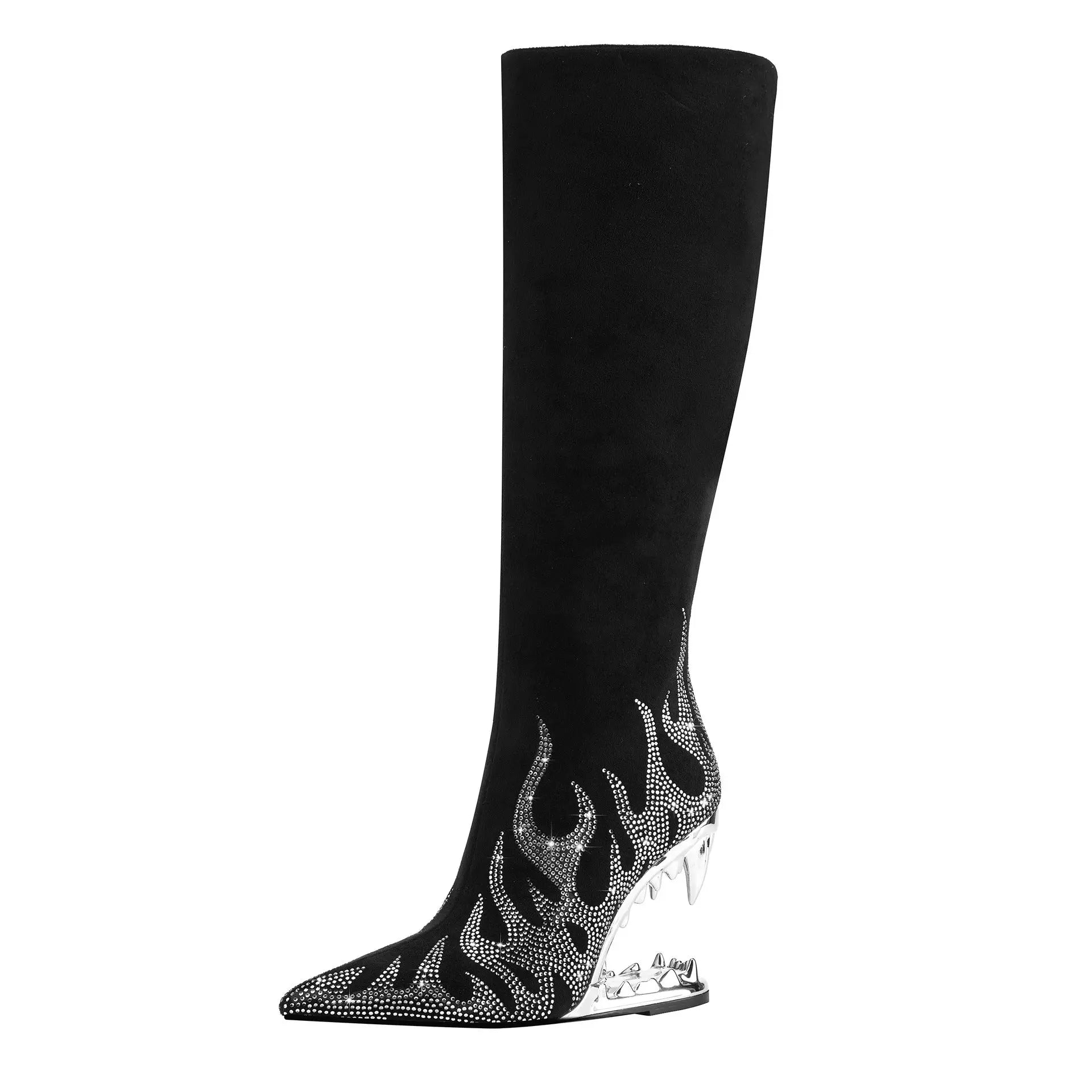 European And American Style Tiger Tooth Profiled Heel Skinny Stretch Boots Rhinestone Flame Dropshipman
