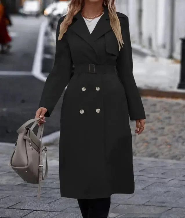 Lapel Double-breasted Trench Coat With Belt Winter Fashion Solid Color Long Jacket Outwear Women Clothing Cjdropshipping