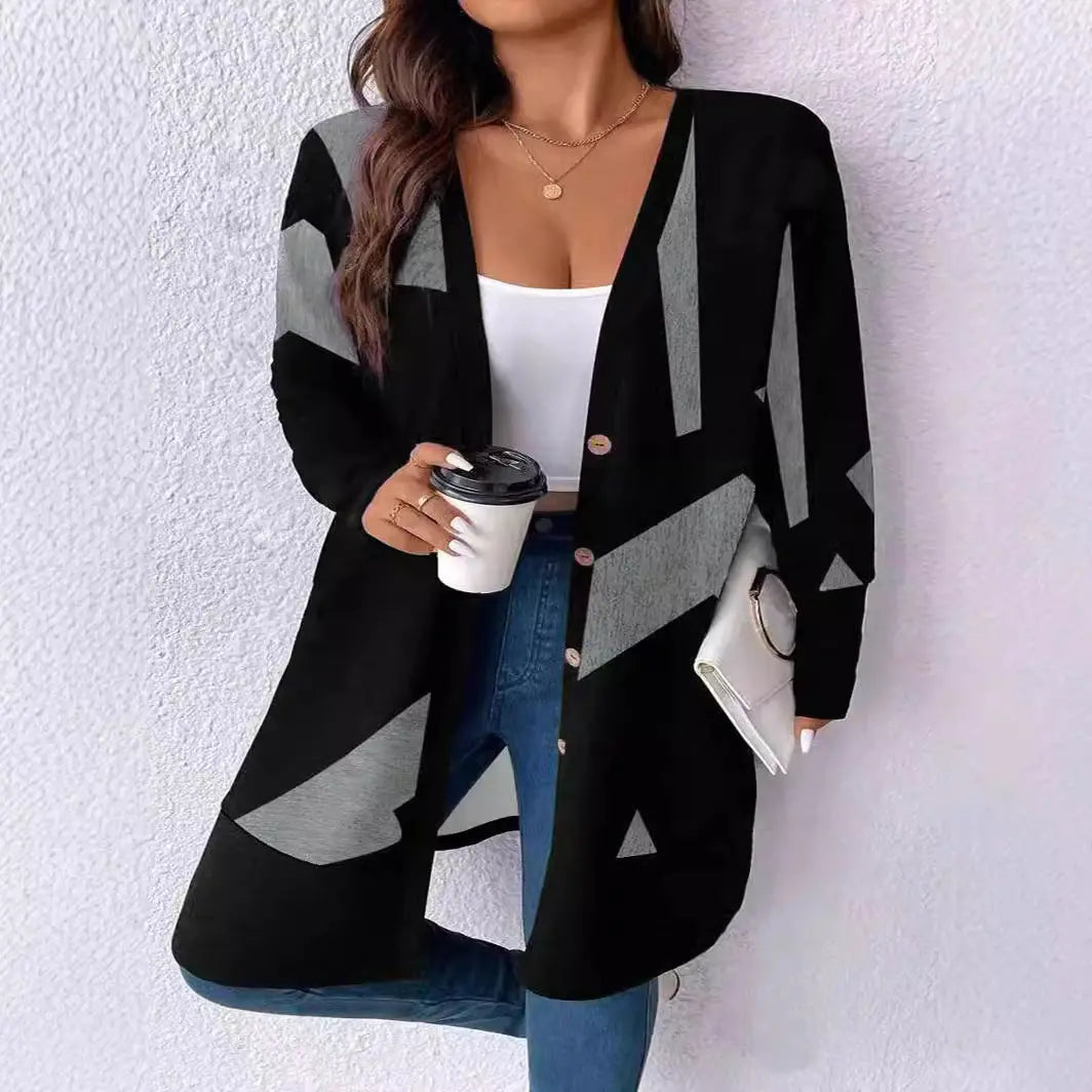 Loose Casual Plus Size Knitwear Cardigan Button Stitching Printing Coat Dropshipman
