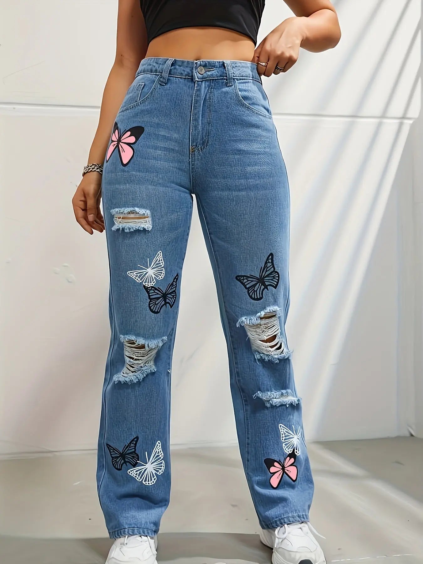 High Waisted Straight Leg Jeans For Women Trendy Butterfly Print Ripped Distressed Denim Pants JNi3 shop