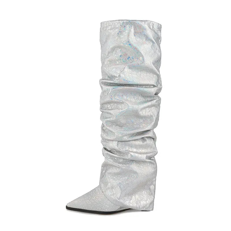 Women's Pointed Stitching Sleeve Flanging Pleated High Leg Boot Dropshipman